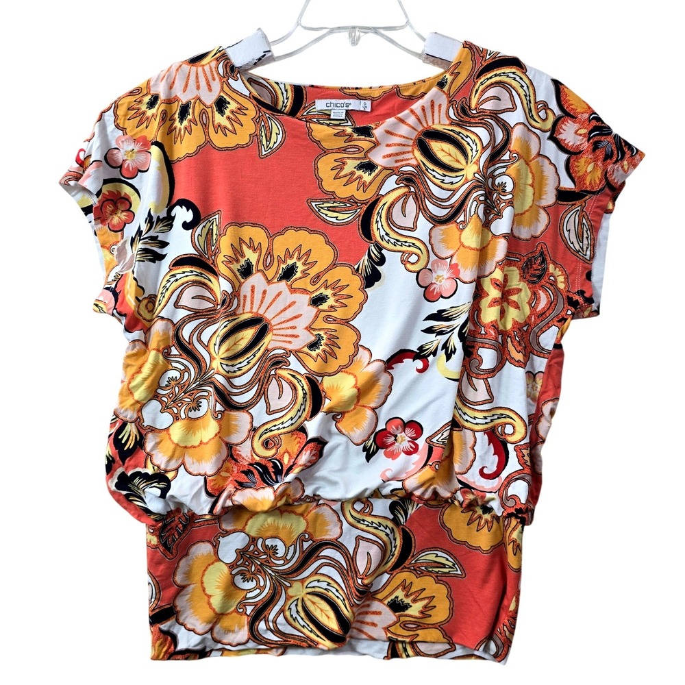 Chico's Y2K Floral Dolman Sleeve Blouse Top Size 0 US Small Orange Rayon Spandex